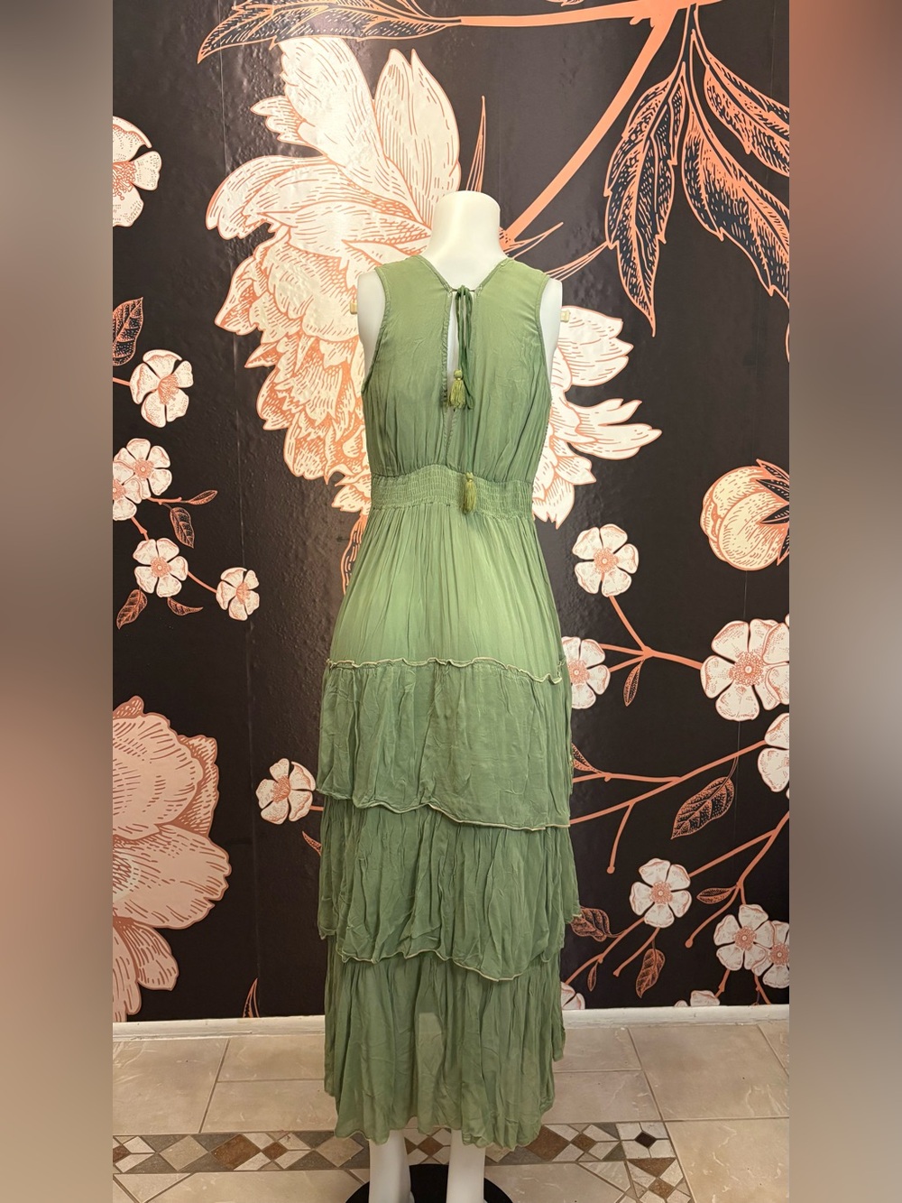 NWT Gorgeous Sage Green and Gold Resort Luxe Tiered Embellished Maxi Dress - Picture 9 of 16
